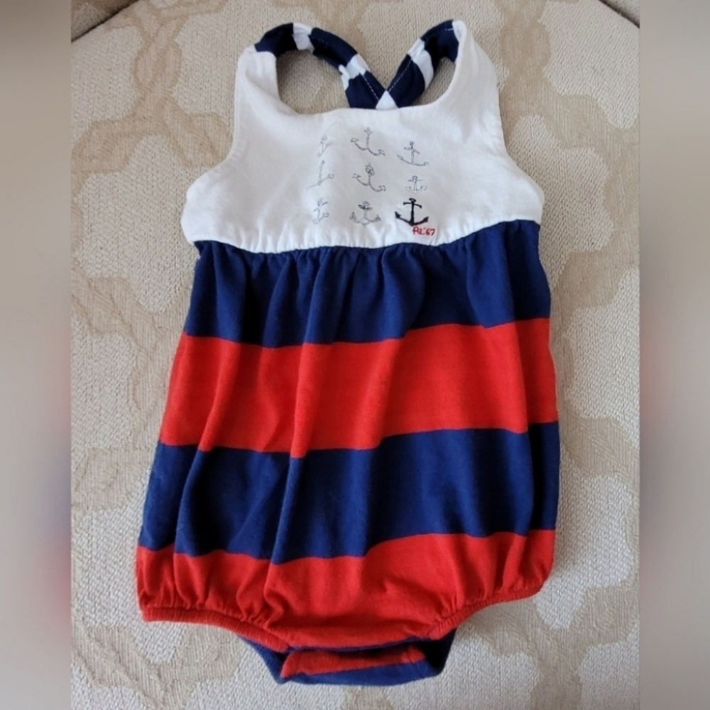 RALPH LAUREN ROMPER SHORTS NAUTICAL ANCHORS RED BLUE WHITE STRIPES BABY 3 MTHS